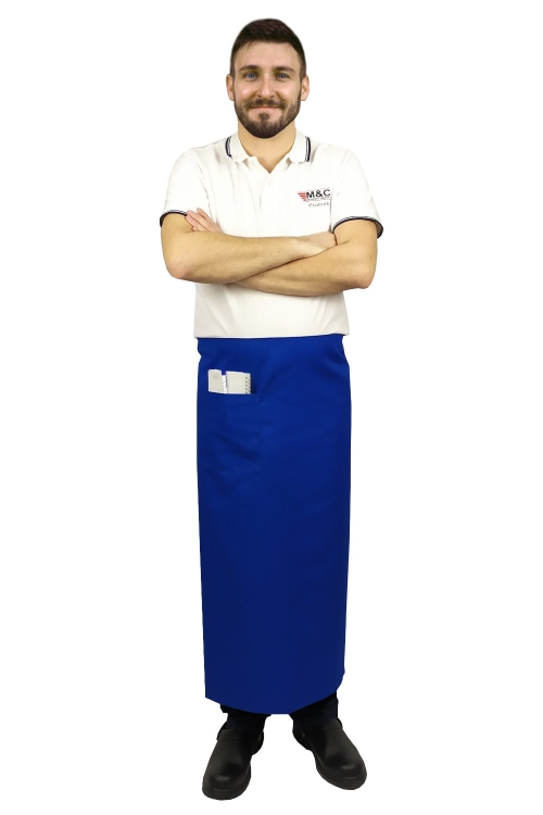 Zilā garā apkalpošanas priekšautu garums 90 cm.