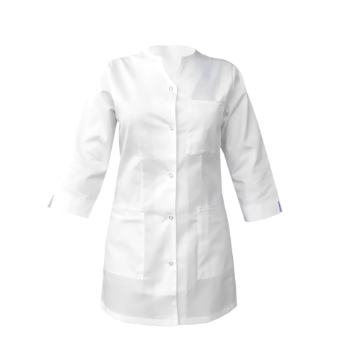 Sieviešu medicīnas komplekts ar 3/4 piedurknēm un baltu apdari.