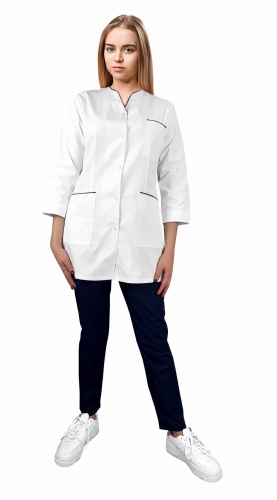 Sieviešu medicīnas komplekts ar 3/4 piedurknēm un tumši zilu apdari.