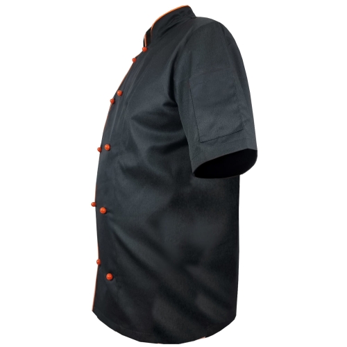 Vīriešu šefpavāra jaka ar oranžu apdari melnā krāsā.