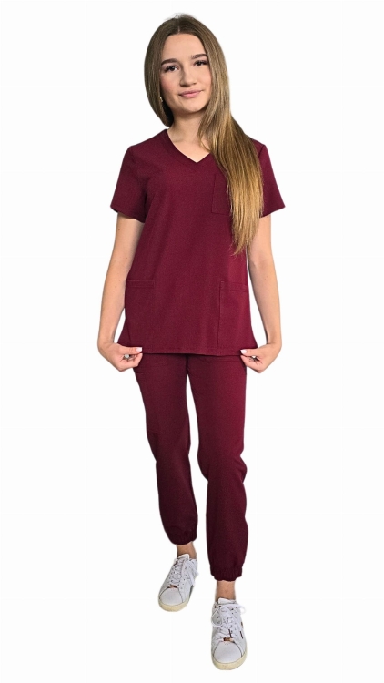 Bordowy komplet medyczny damski – scrubs CASUAL PREMIUM