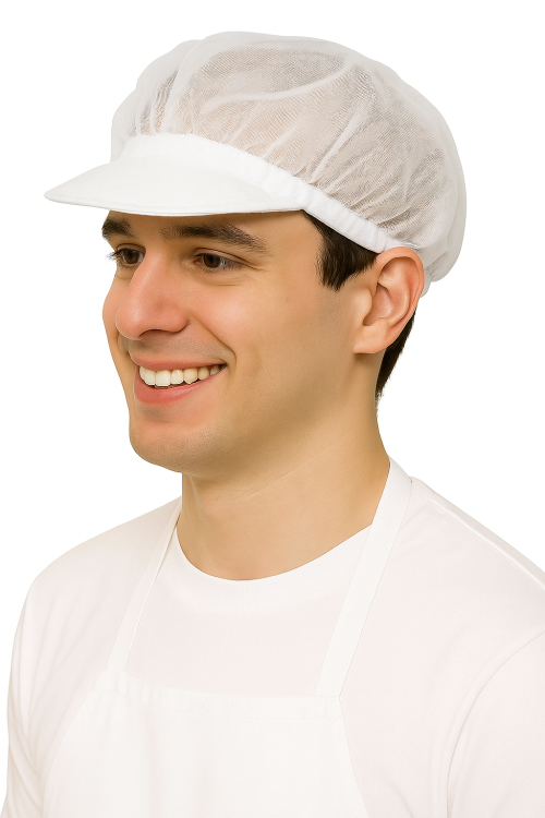 Balta tiulota cepure ar cieto vizieri.