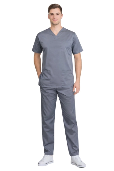 Vīriešu medicīniskais komplekts pelēks elastīgs – premium scrubs