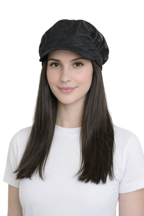 Czapka z siateczką i twardym daszkiem dla przemysłu gastro i spożywczego kolor czarny dla kobiety widok z przodu.png