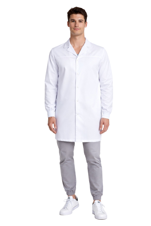 Fartuch laboratoryjny męski na zatrzaski w kolorze śnieżnobiałym