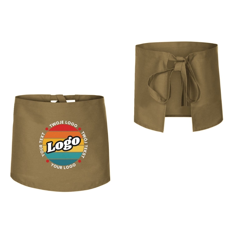 Zapaska kucharska krótka beżowa wiązana długość 40cm z twoim nadrukiem logo przód i tył.jpg