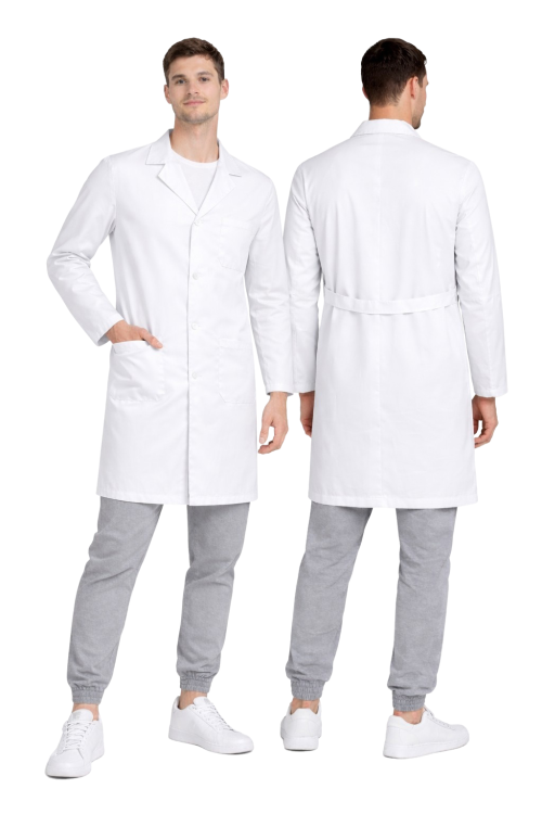 Fartuch męski laboratoryjny na guziki w śnieżnobiałym odcieniu