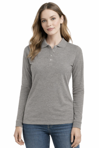 Koszulka polo damska długi rękaw szara przód.png