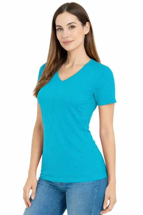 Koszulka z krótkim rękawem damska dekolt w serek kolor turkusowy widok z boku.png