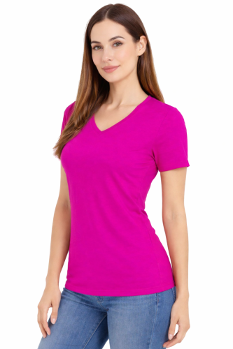 Koszulka z krótkim rękawem damska dekolt w serek kolor fuksja widok z boku.png