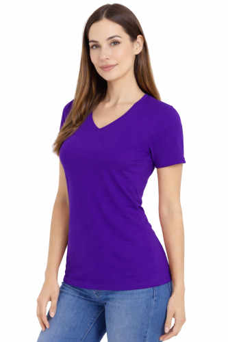 Koszulka z krótkim rękawem damska dekolt w serek kolor purpurowy widok z boku.png
