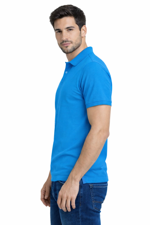 Koszulka polo męska krótki rękaw niebieska widok z boku.png