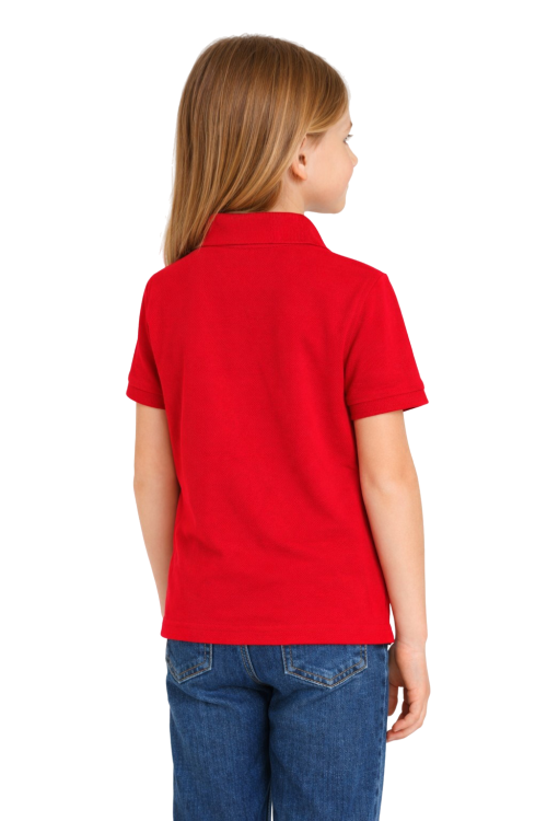 Koszulka polo dziecięca dla chłopca i dziewczynki w wieku 3-14 lat czerwona widok z tyłu dziewczynka.png