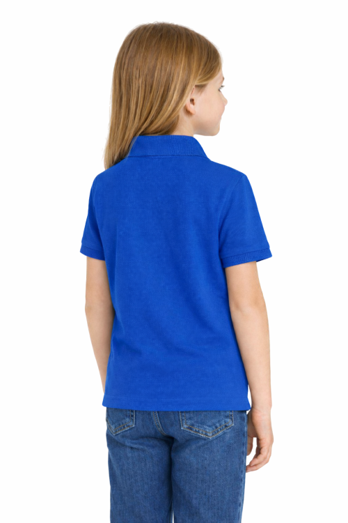 Koszulka polo dziecięca dla chłopca i dziewczynki w wieku 3-14 lat chabrowa widok z tyłu dziewczynka.png