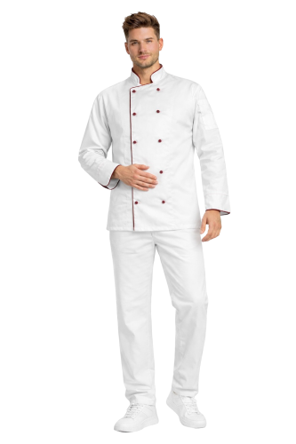 Profesjonalny zestaw szefa kuchni – biały z bordową lamówką