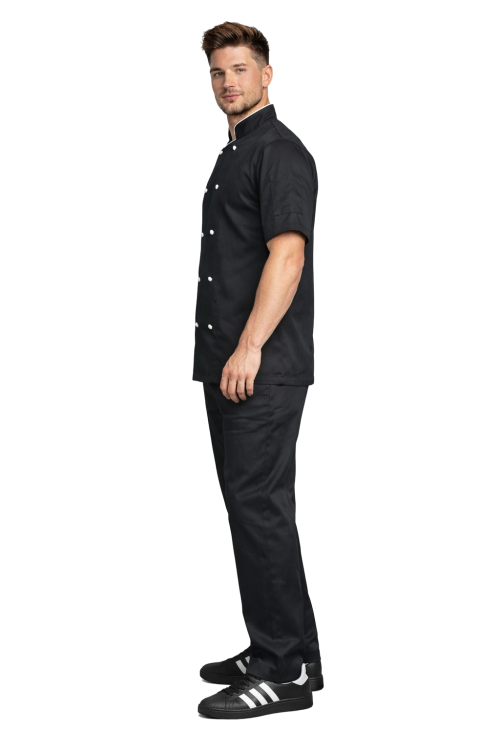 Profesjonalny męski  zestaw szefa kuchni – czarny z biała lamówką i krótkim rekawem