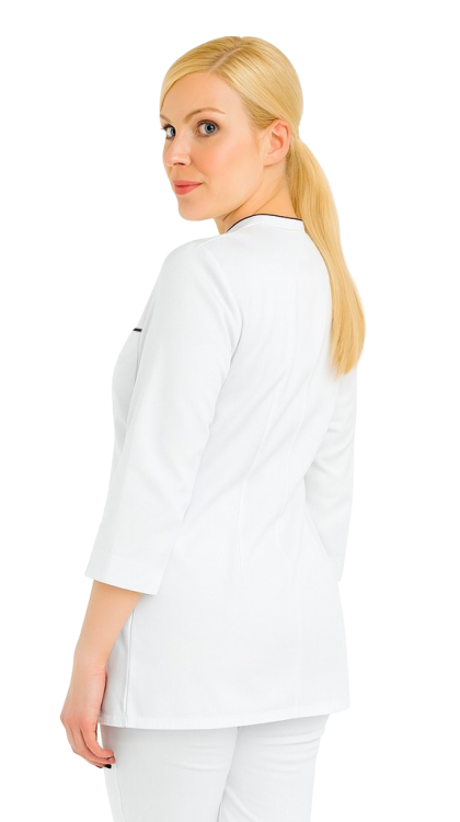 Biały żakiet medyczny damski z granatową lamówką
