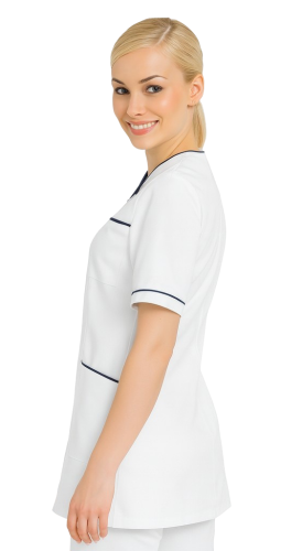 Damski żakiet kosmetyczny biały z granatową lamówką