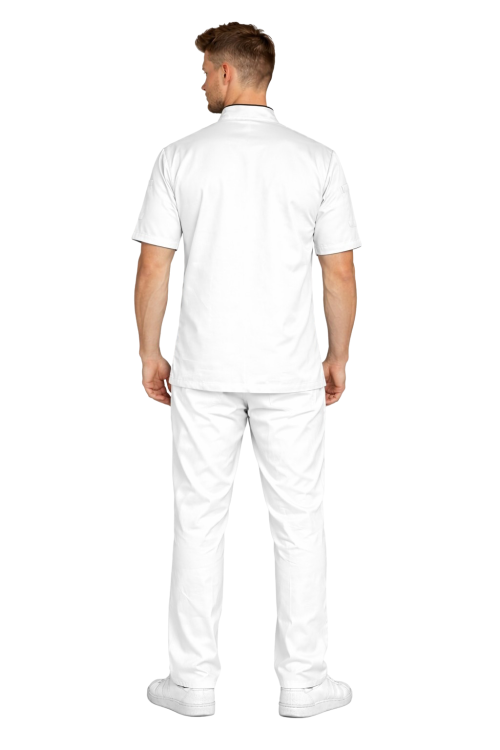 Uniform biały z czarna lamówka  dla kucharza w zestawie gastronomicznym