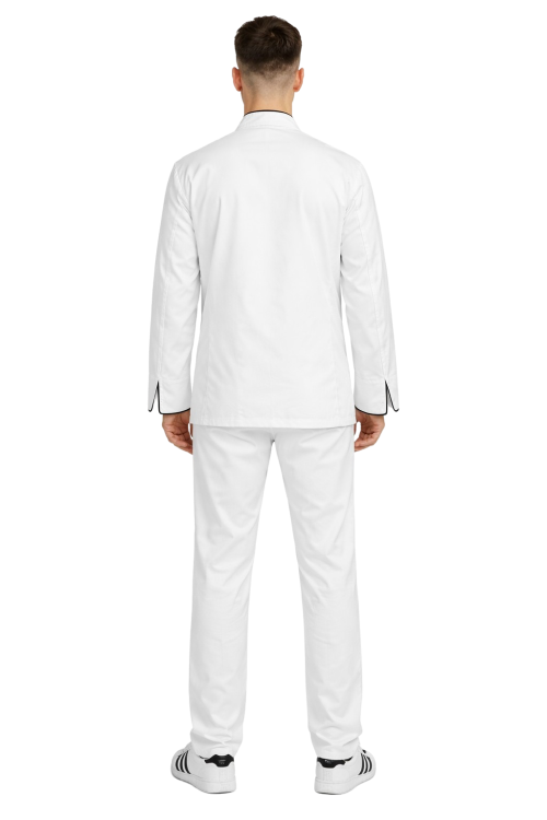 Zestaw dla kucharza – profesjonalny uniform gastronomiczny ,biały z carną lamówka ,zapinany na napy,krótki rękaw