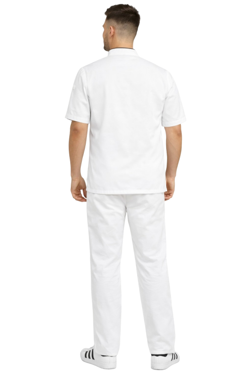 Zestaw gastronomiczny dla kucharza zapinany na napy biały z czarna lamówką