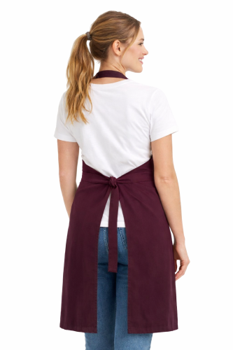 Fartuszek zapaska z karczkiem i kiesznią wiazany w pasie kolor śliwkowy widok z tyłu.png