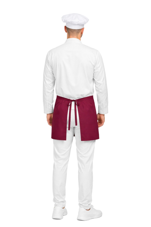 Profesjonalny uniform gastronomiczny – zestaw dla kucharza w kolorze białym ,długi rekaw ,zapinany na guziki,bordowa zapska