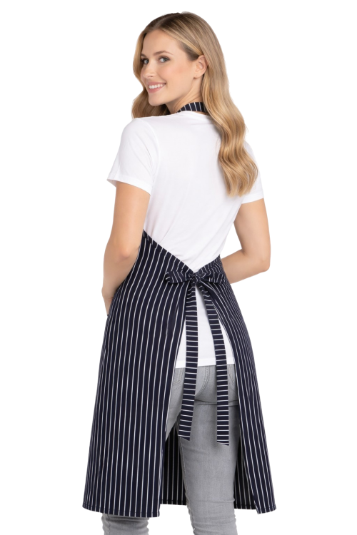 Zapaska fartuszek regulowany karczek z kieszenią w biało granatowe paski widok z tyłu.png