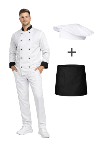 Uniform kucharza z długim rękawem  bluza z czarnymi wstawkami  zapaska w kolorze czarnym– zestaw gastronomiczny