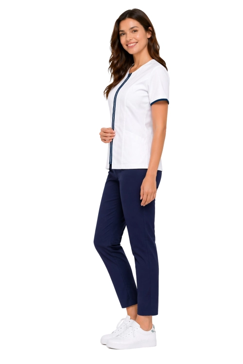 Komplet  medyczny bluza biała  z granatową lamówką  i  granatowe spodnie cygaretki