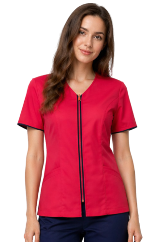 Żakiet medyczny amarant z granatową  lamówką zapinany na suwak.png