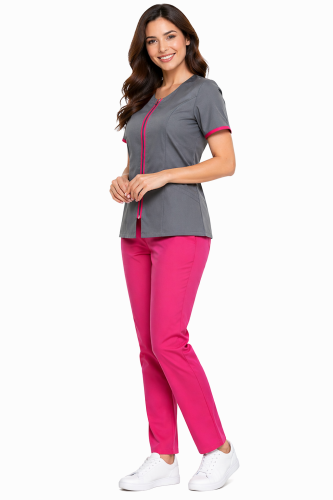 Medyczny komplet bluza na suwak szara  z różową lamówką   i różowe spodnie cygaretki MEDICAL BEAUTY