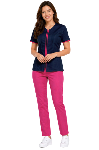 Komplet MEDICAL BEAUTY medyczny żakiet granatowy   z rożową lamówką i różowymi spodniami cygaretkami