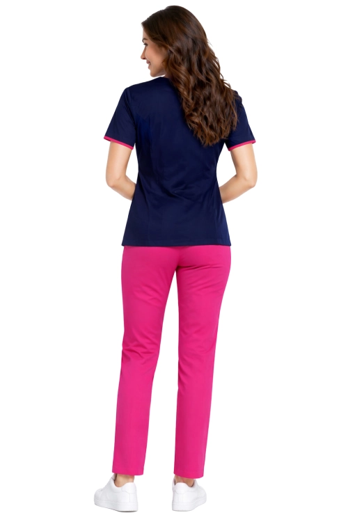 Komplet bluza na suwak granatowa  z różową lamówką   i różowe spodnie cygaretki MEDICAL BEAUTY