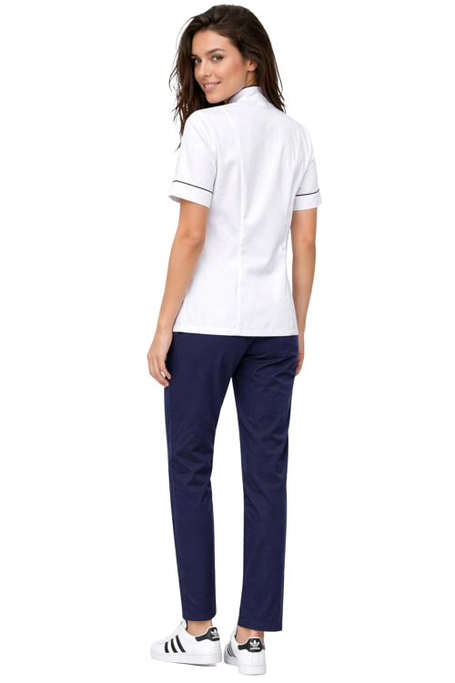 Biała bluza z granatową lamówką  na napy  i granatowe cygaretki w komplecie MEDICAL BEAUTY