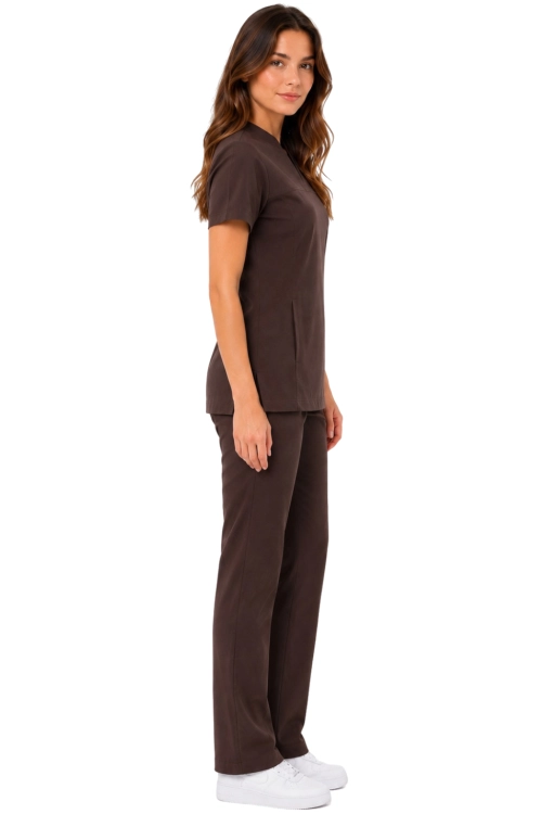 Damski uniform  medyczna ze stójką  BASIC PREMIUM w kolorze czekoladowym_bok