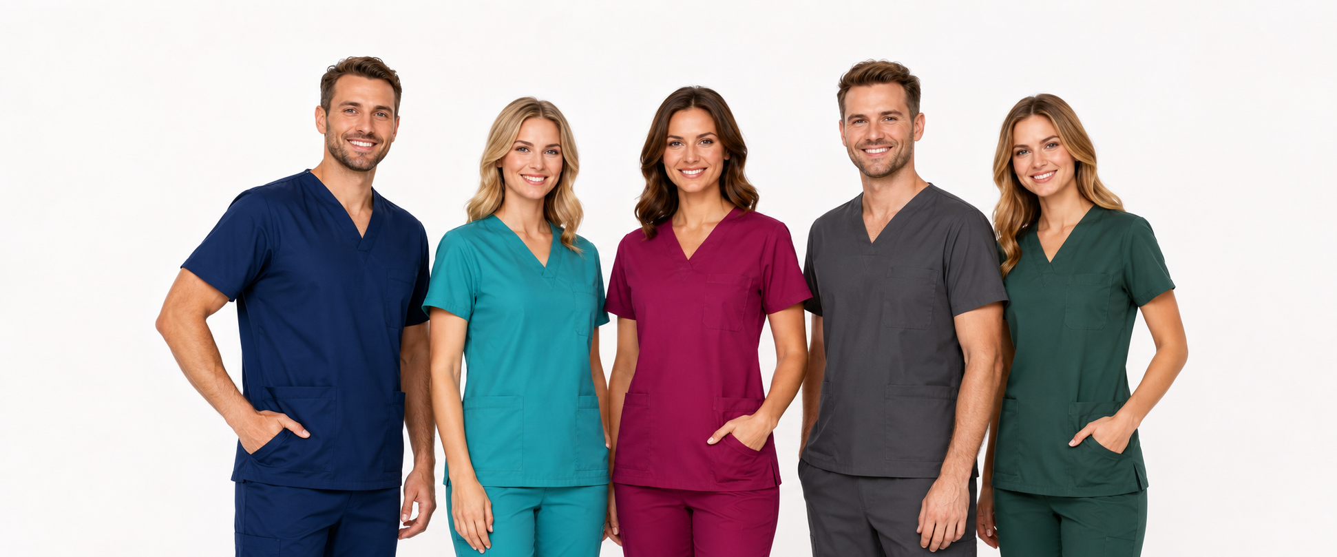 Medicīnas komanda dažādu krāsu medicīniskajā apģērbā