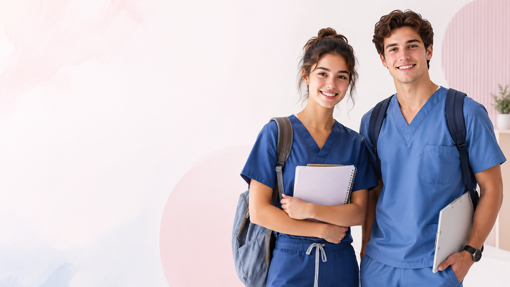 Studente un students zilā medicīniskajā apģērbā